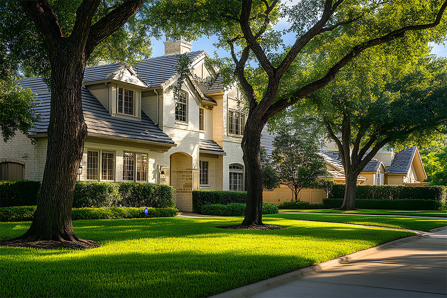 A beautiful house in Dallas among tall trees and green lawns. It represents IRS tax lien Dallas.