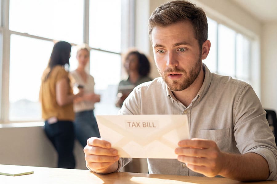 A young male freelancer is surprised by an unexpected Dallas IRS bills.